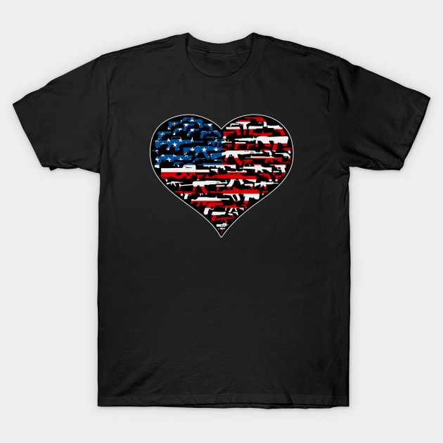 Heart shape made of guns, american flag, black T-Shirt by HEJK81